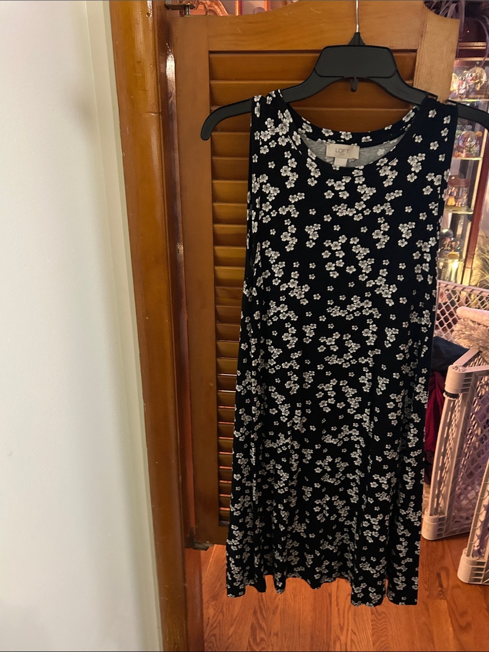 LOFT Black with White Floral Midi Swing Dress